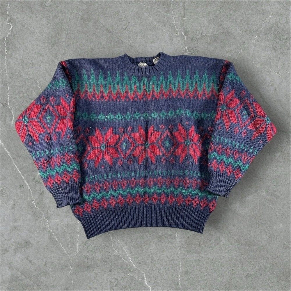 Vintage Gap Sweater Men XL Blue Snowflake Hand Knit Wool Heavyweight Chunky XMAS